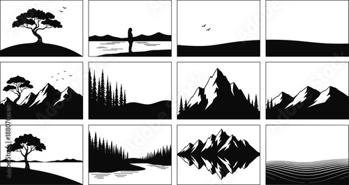 Minimal landscape silhouette collection featuring mountains, trees, rivers, hills, birds and nature scenes in black vector frames for creative design use