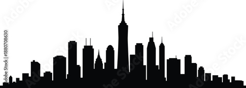 Modern city skyline silhouette with tall skyscrapers, urban downtown panorama, minimal black vector illustration, metropolitan architecture background for designers
