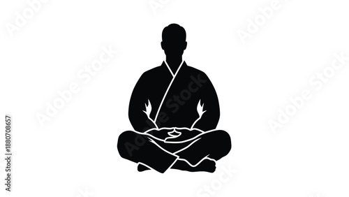 A serene man in a meditative pose sitting cross legged the floor in a simple robe on white background