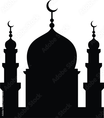 Mosque Silhouette Vector Illustration with Minarets and Crescent Moon for Islamic Holiday and Ramadan Designs