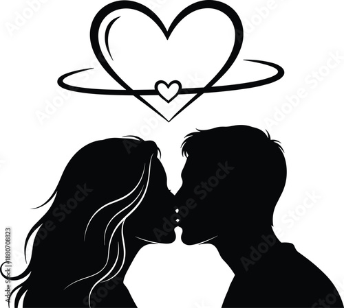 Romantic kissing couple silhouette with heart symbol, love concept illustration, Valentine design, wedding art, minimalist romance, isolated on white background