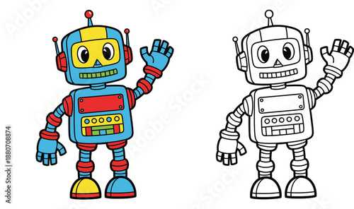 Cute cartoon robot waving hand vector illustration for kids coloring book page, colorful and black and white outline sketch of friendly android toy character