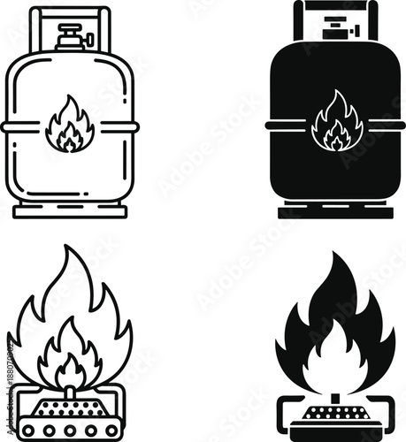 Gas cylinder and stove fire icons set isolated on white background cooking fuel safety energy black vector illustration