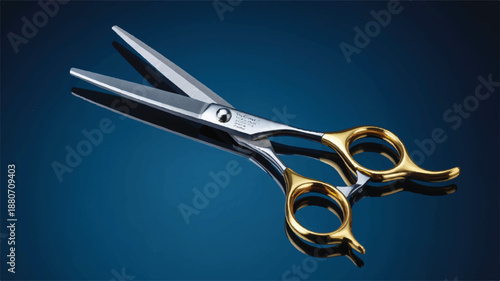 A professional product photograph of high-end hair cutting scissors against a deep navy blue background.  
