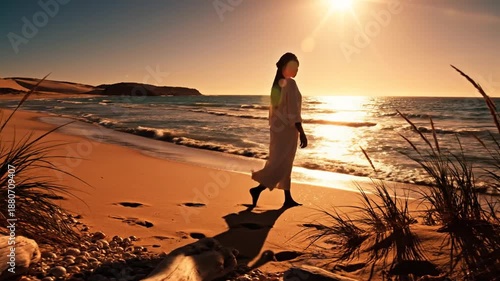 Woman walking along a sunlit beach at golden hour, draped in a flowing white dress
