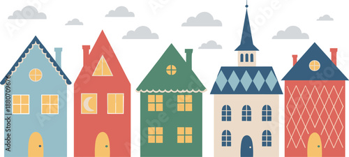 Cute colorful town houses illustration set with Scandinavian style homes, simple architecture collection for kids decor, urban design, and playful flat vector artwork