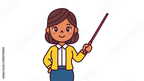 Cartoon woman with brown hair yellow cardigan blue skirt holding pointer