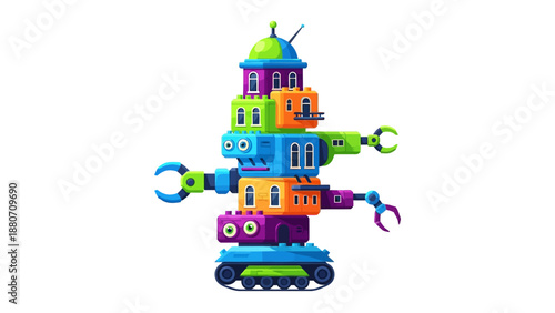 Cartoon robot made of colorful building blocks with mechanical arms