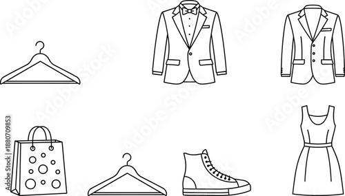 Black and white fashion clothing icon set with jacket, dress, shoes, hangers, and shopping bag representing apparel and retail design