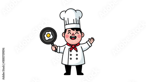 Cheerful cartoon chef holding a fried egg in a pan