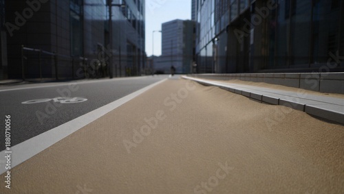 Wind has blown sand onto a street in the city. The sand covers part of the road near modern buildings. A cyclist and pedestrian can be seen in the background.
