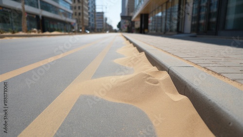 Sand covers urban street after wind event in downtown area of the city during daytime