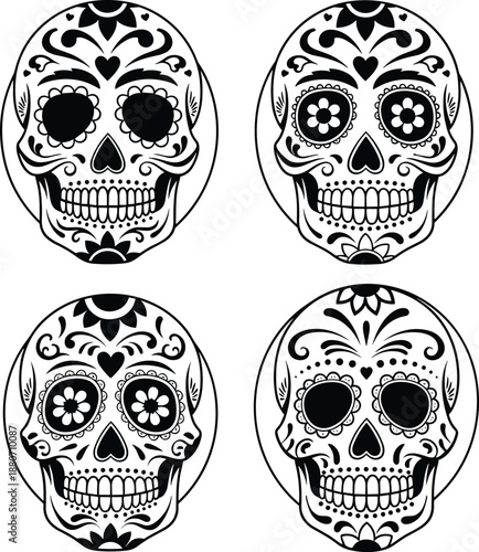 Black and white sugar skull illustration set with floral decorative patterns representing Day of the Dead art, Mexican culture, and tattoo design
