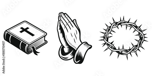 Christian Symbols: Bible, Praying Hands, Crown of Thorns Illustration