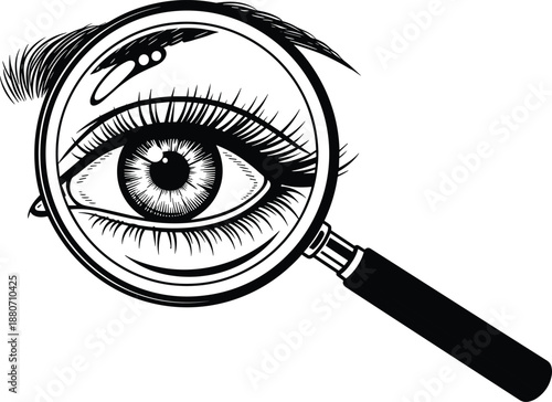 Detailed black and white eye illustration viewed through magnifying glass representing vision, observation, analysis, investigation, focus, and human perception concept