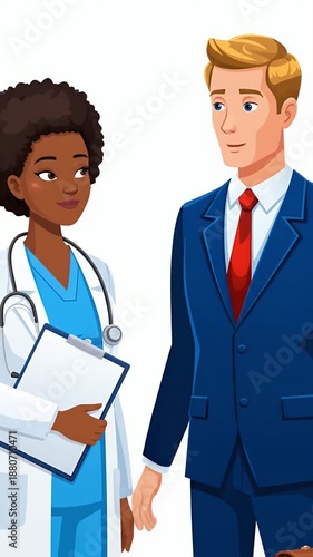 Doctor Nurse Explains Results To Worried Businessman In Blue Suit