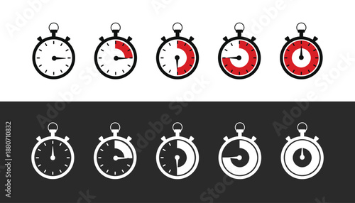 Timer icon set. Simple clock icon flat illustration. Digital stopwatch or timer, Countdown. Cooking time, holding time, baking, delivery for app. Isolated on white and black background