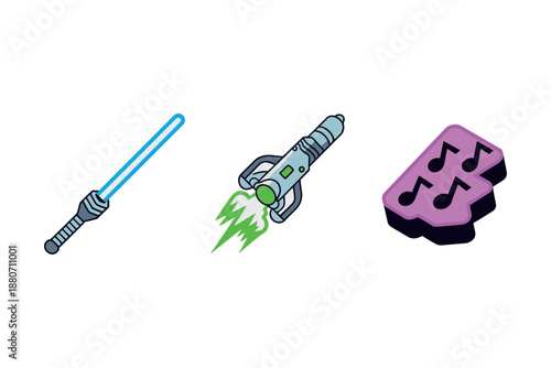 Cartoon illustration of a lightsaber, ray gun, and musical notes on a purple block