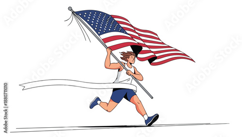 Illustration of a young man running while holding a waving American flag in a dynamic pose against a plain white background.