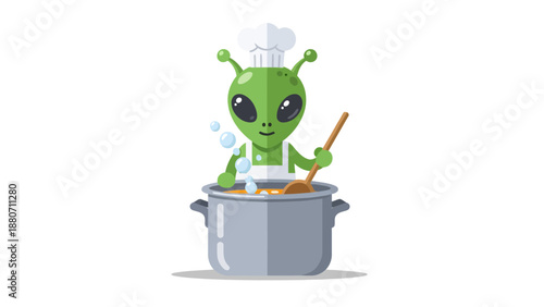 Cute alien chef stirring soup in a pot