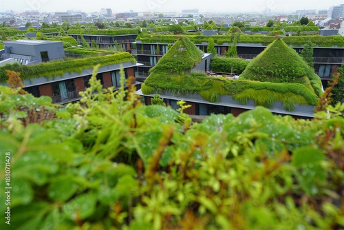 Rooftop gardens cover modern buildings in an urban setting during daylight creating green spaces in the city