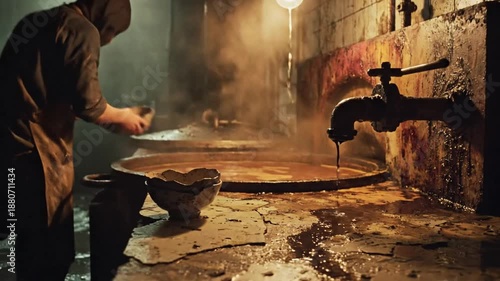 Worker in a dim, steam-filled industrial kitchen stirring a large cauldron under a hanging bulb