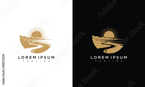 Serene river landscape illustration with boat and sunrise, symbolizing tranquility and peacefulness in a minimalist artistic representation viewed from a gentle perspective