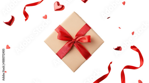 Romantic valentine's gift box with red ribbon on transparent background