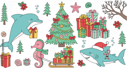 Cute Christmas sea animals illustration set with dolphin shark seahorse gifts and decorated tree, festive underwater holiday collection for kids nursery and seasonal flat vector designs