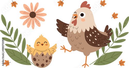 Cute hen and chick illustration with autumn leaves and flowers, cozy farm animal family scene for kids nursery decor and seasonal flat vector designs
