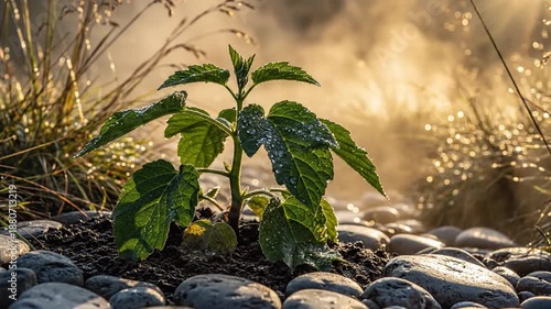 Young green plant sprouting from moist soil among smooth pebbles at golden hour