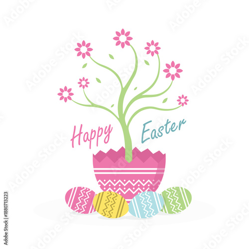 Happy Easter Spring Tree with Decorative Eggs Flat Vector Illustration