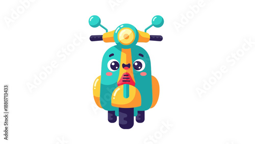 Cute cartoon teal and orange scooter with big eyes and blush