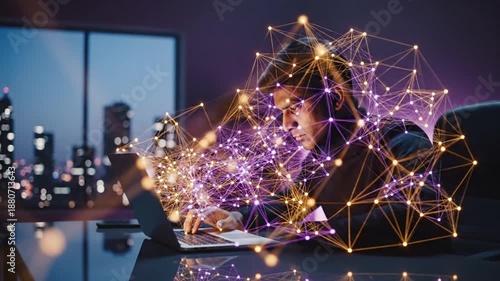 Young man working late at a sleek laptop desk in a dimly lit urban apartment with purple accent lighting
