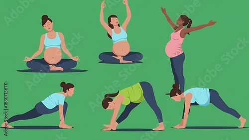 Diverse Pregnant Women Practicing Yoga Gentle Poses Peaceful Green Background
