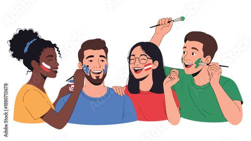 Four diverse people smiling while brushing their teeth with colorful toothbrushes against a clean white background.