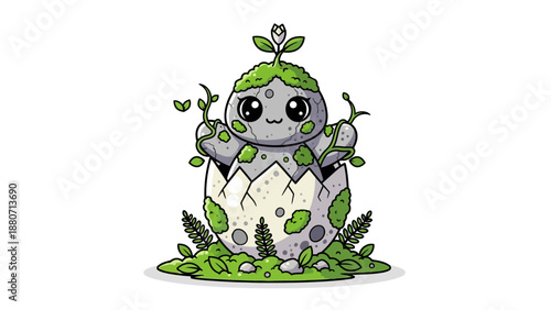Cute stone creature emerging from a cracked egg with moss and vines