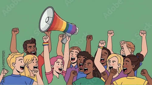 Diverse Protestors Rally With Rainbow Megaphone