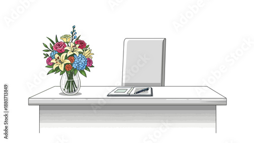 Desk with flowers and notebook