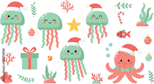 Cute Christmas sea animals illustration set with jellyfish and octopus wearing Santa hats, festive underwater holiday characters collection for kids nursery and winter flat vector designs