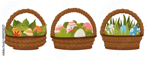 Flat vector illustration set of three Easter basket variations filled with decorated eggs, grass and leaves. Perfect for Easter designs, greeting cards, packaging, web graphics and seasonal branding