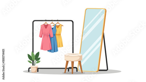 Dresses on a rack with a mirror and stool