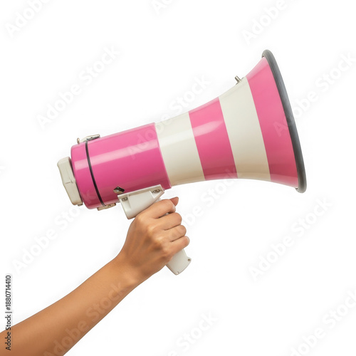 Hand holding pink and white megaphone isolated on transparent background