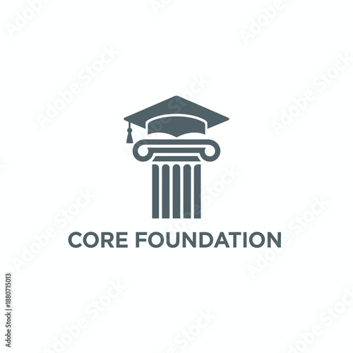 Classic law pillar with graduation cap icon for legal education or academic institution branding titled Core Foundation university logo.