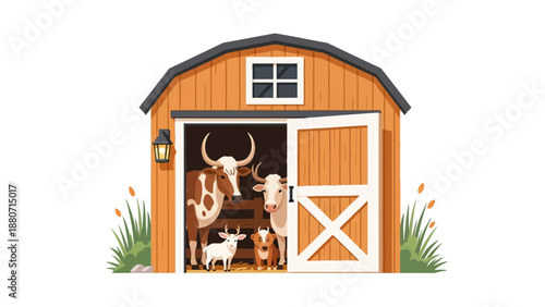 Farm animals inside a barn