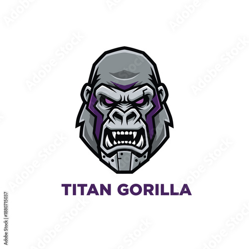 Aggressive robotic ape mascot for e-sports team or gaming channel featuring a metal jaw and purple accents titled Titan Gorilla mascot logo.