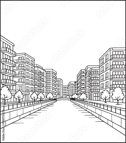 City building with beautiful scenery coloring page for kids, black line art vector illustration for relaxing coloring book design
