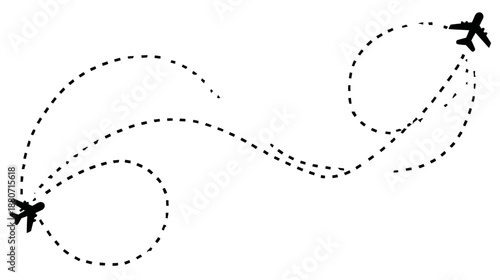 Airplanes flying with dotted path lines, illustrating global travel, tourism, journey, connection, and route planning concept