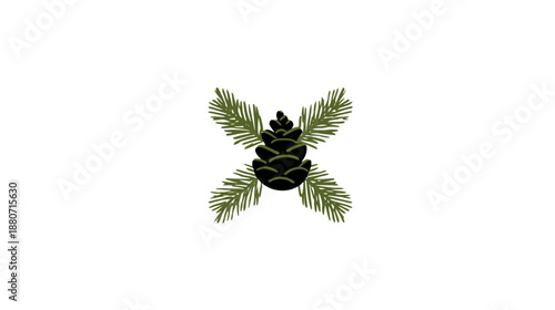 Pinecone and evergreen needles illustration. Natural forest element, coniferous plant graphic on white background.