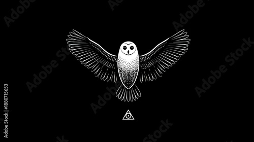 Mystical Flying Barn Owl Illustration with Geometric Symbol on Black Background - Vintage Engraved Esoteric Design